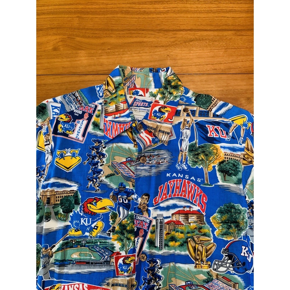 Vintage Reyn Spooner Kansas Jayhawks Hawaiian Shirt Mens S/M Rayon Button Up KU